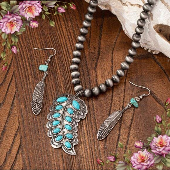 3 Pcs Fake Blue Turquoise Stone feather Pendant Necklace Earring Jewelry Set - Picture 1 of 8